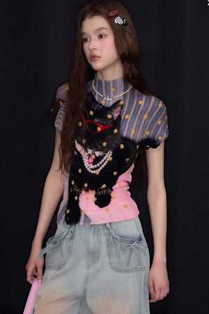 Pleated Cat Print Blouse