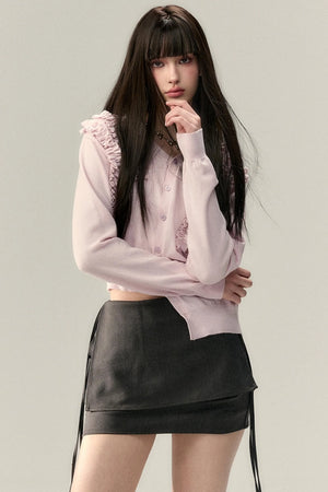 Pleated Design Lace Knit Wool Cardigan