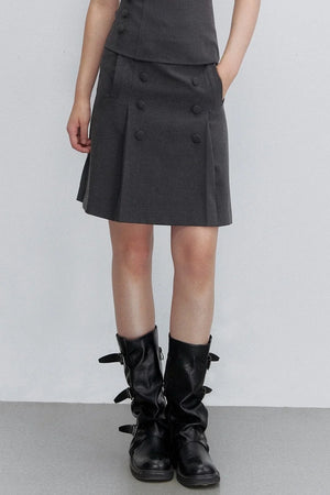 Pleated Double-Breasted Skirt