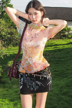 Pleated Floral Ruffle Short Sleeve Top