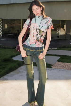 Pleated Floral Ruffle Short Sleeve Top