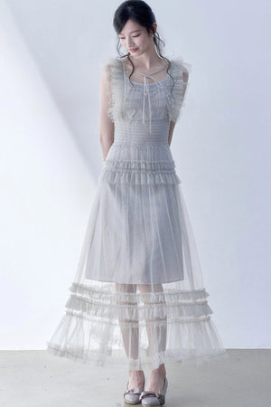 Pleated Lace Flutter Sleeve Dress