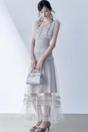 Pleated Lace Flutter Sleeve Dress