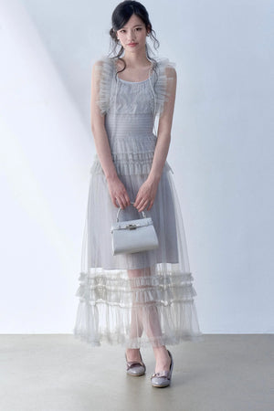 Pleated Lace Flutter Sleeve Dress