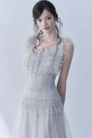 Pleated Lace Flutter Sleeve Dress