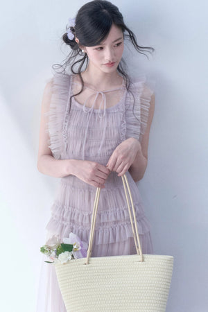 Pleated Lace Flutter Sleeve Dress