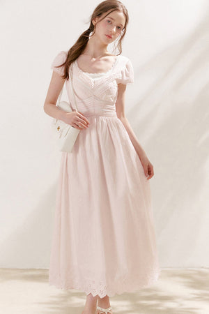Pleated Lace V-Neck Long Cotton Dress Set-Up
