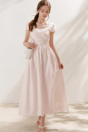 Pleated Lace V-Neck Long Cotton Dress Set-Up