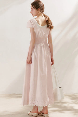 Pleated Lace V-Neck Long Cotton Dress Set-Up