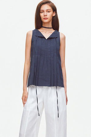 Pleated Linen Cotton Sleeveless Top