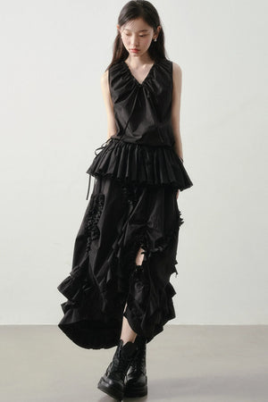Pleated Ruffle Hem Sleeveless Top