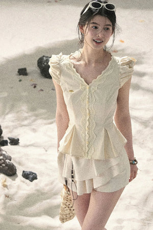 Pleated Ruffled Skirt Pants Set