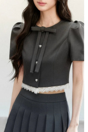 Pleated Short Sleeve Skirt Suit Set-Up