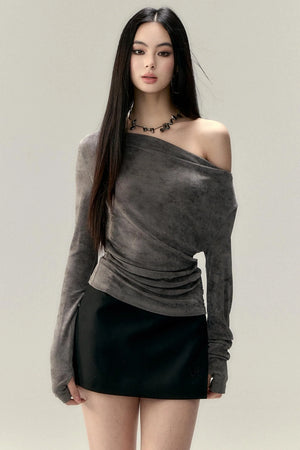 Pleated Slant Shoulder Tops