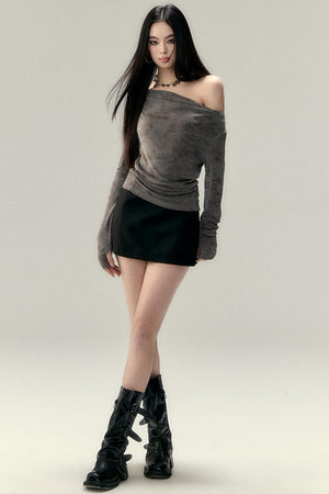 Pleated Slant Shoulder Tops
