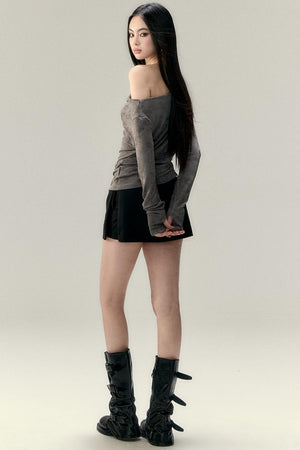 Pleated Slant Shoulder Tops