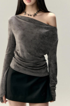 Pleated Slant Shoulder Tops