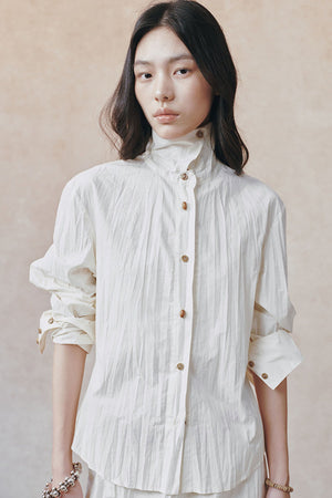 Pleated Stand Collar Shirt and Skirt Set