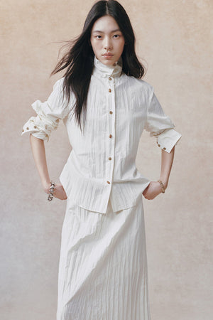 Pleated Stand Collar Shirt and Skirt Set