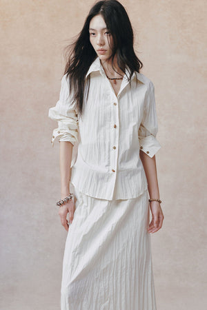 Pleated Stand Collar Shirt and Skirt Set