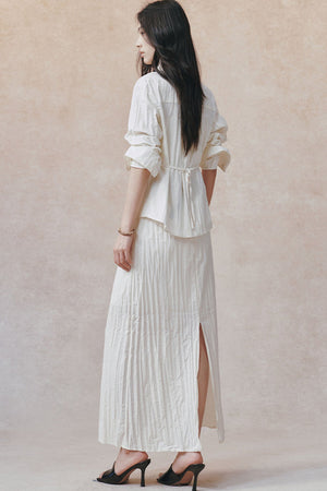 Pleated Stand Collar Shirt and Skirt Set