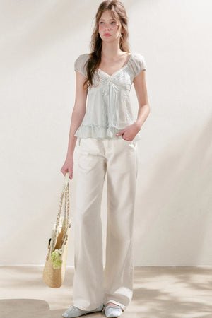 Pleated Tencel Lace Ruffle Short Sleeve Top