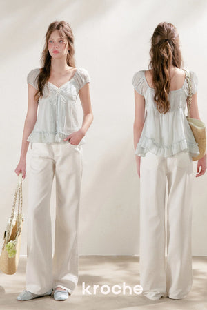Pleated Tencel Lace Ruffle Short Sleeve Top
