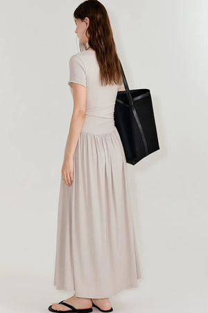 Pleated V-Neck Patchwork Dress