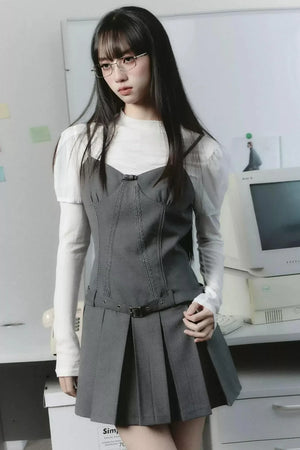 Pleated Waist Suspender Dress & Suit Set-Up