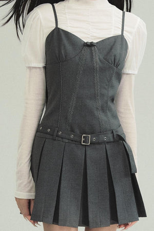 Pleated Waist Suspender Dress & Suit Set-Up