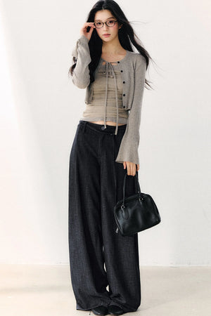 Pleated Washed Wide Leg Jeans
