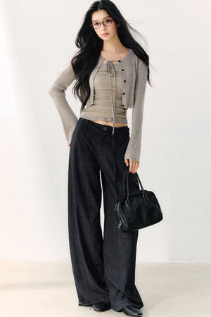 Pleated Washed Wide Leg Jeans