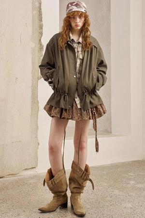 Pleats Waist Solid Color Loose Jacket