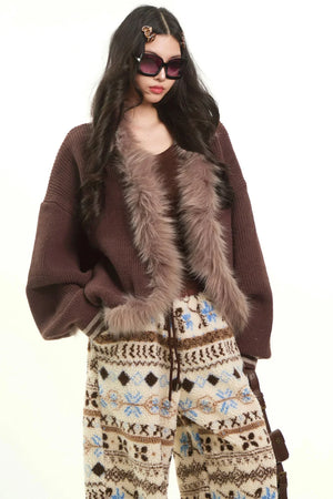 Plush Collar Knitted Cardigan