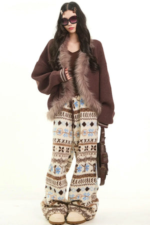Plush Collar Knitted Cardigan