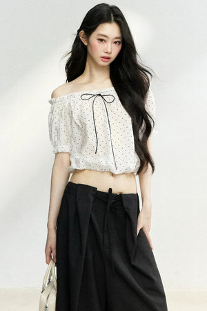 Polka Dot Bow Blouse and Pants Set-Up