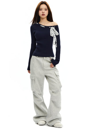 Polka Dot Bow Cropped Knit Top