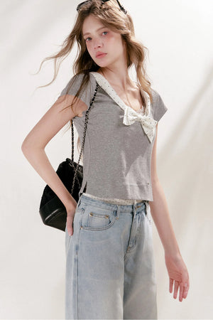 Polka Dot Bow Patchwork Color-Block T-Shirt