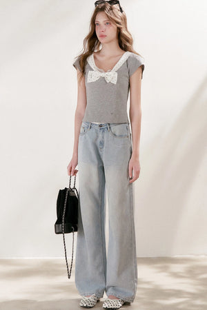 Polka Dot Bow Patchwork Color-Block T-Shirt
