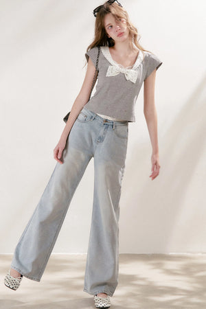 Polka Dot Bow Patchwork Color-Block T-Shirt