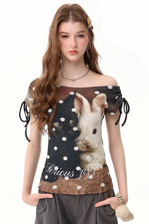 Polka Dot Cat and Rabbit Print Top
