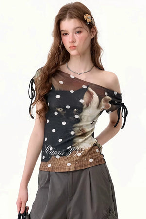 Polka Dot Cat and Rabbit Print Top
