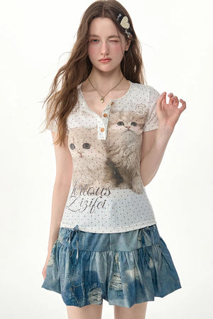 Polka Dot Cat Print Slim Fit Top