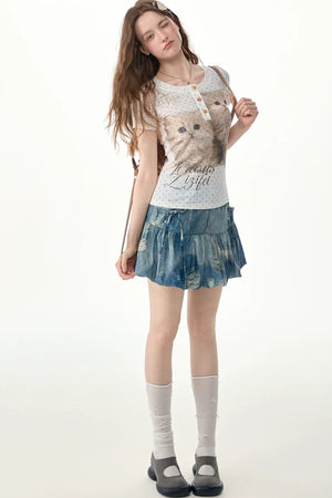 Polka Dot Cat Print Slim Fit Top