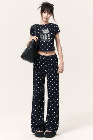 Polka Dot Cat Print Top Bodycon Skirt Pants Set-Up