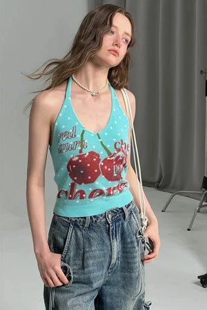 Polka Dot Cherry Print Halter Neck Top