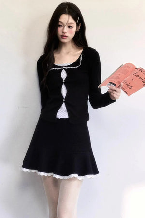 Polka Dot Hollow-Out Knit Sweater Set-Up