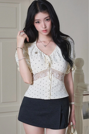 Polka Dot Lace Puff Top