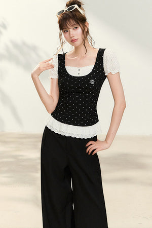 Polka Dot Lace Trim Puff Sleeve Top