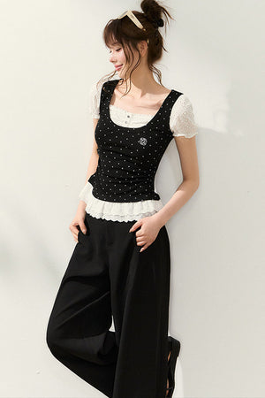 Polka Dot Lace Trim Puff Sleeve Top